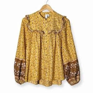 Joie Yellow Peasant Blouse Ruffle Yoke Mixed Print size S